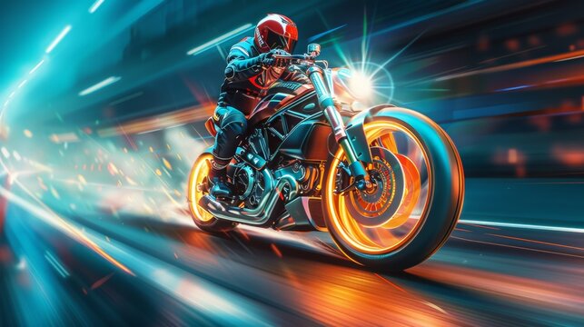 On a powerful motorcycle at high speed, wearing a helmet, everything around is blurry