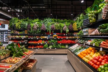 A modern grocery store with a vibrant, colorful produce section and innovative displays