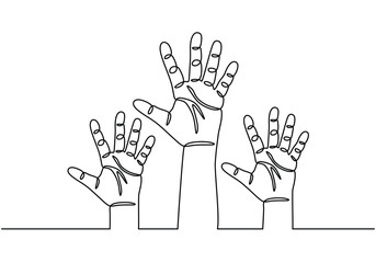 Three waving hands continuous line drawing. Hand gesture concept. minimalist vector illustration.