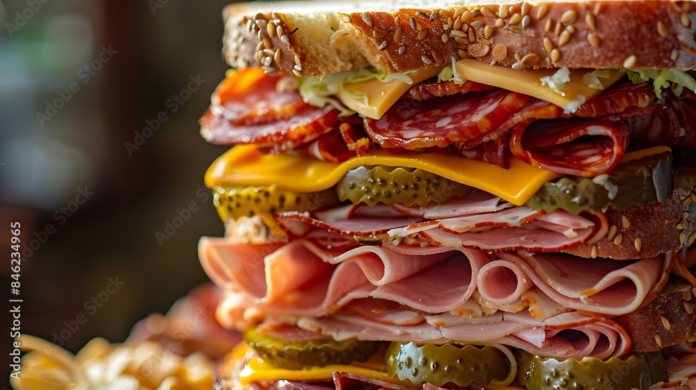 Wall mural a classic deli sandwich piled high with meats, cheeses, and crunchy pickles. - Wall murals