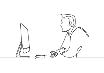 Man works with computer continuous line drawing. Business and investment concept vector illustration