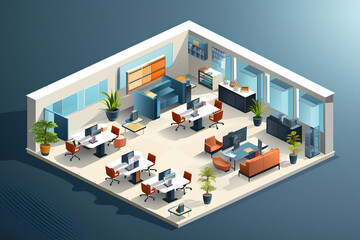 Isometric flat 3d abstract office floor interior department interior department vector. conference room, office, workplace