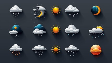 Set of weather forecast icons on a dark background, rain, thunderstorm, wind, snow, clouds