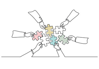People hand unite puzzle pieces continuous line drawing. Business, teamwork, problem solving concept