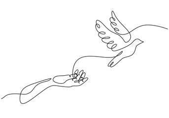 Hand and flying bird continuous line drawing. Animal care concept. Vector illustration design.