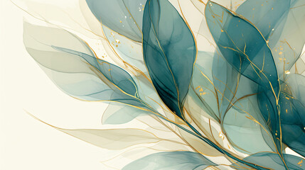 Abstract Watercolor Leaves with Gold Detail, for Art and Design