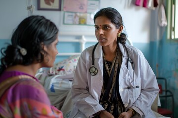 A doctor in a lab coat interacting with a patient in an Indian hospital