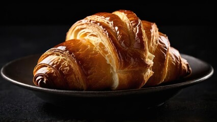 Fototapeta premium Elegant Serenity, A Stack of Golden Croissants on a Black Plate