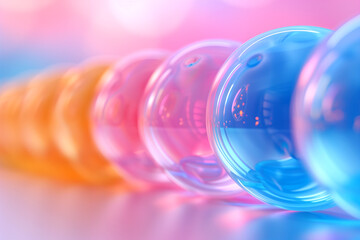 A row of colorful glass spheres, each with a different color, are lined up next to each other. The spheres are all different sizes and are arranged in a way that creates a sense of depth and dimension