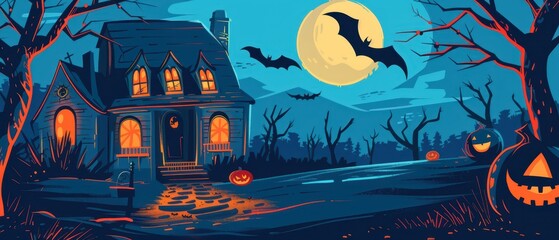 Washed house with eerie moonlight, carved pumpkin, bat shadow overhead, horror illustration, copy space