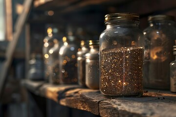 Illustrate a dramatic close-up image of a glass jar filled with glittering spices on a rustic shelf Emphasize texture and lighting for depth and realism,