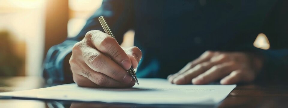 Businessman signing legal document with pen at table with person holding paper statement