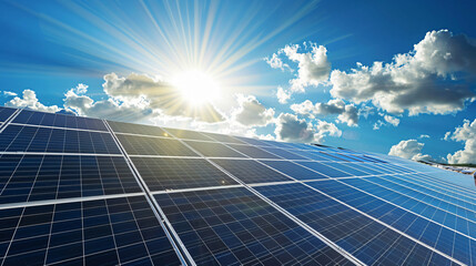 Solar Panels with Sun and Clouds for Renewable Energy Background