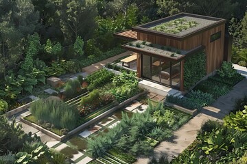 Illustrate a high-angle perspective of a modern, sustainable tiny house surrounded by a flourishing organic garden, showcasing a harmonious blend of eco-friendly living,
