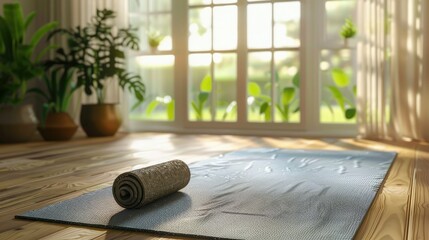 Yoga mat in yoga room with plant