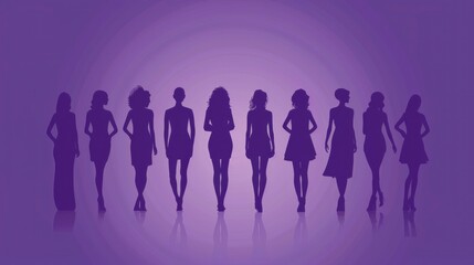 Explore the dynamic depiction of diverse silhouette women on a captivating purple backdrop, highlighting simplicity and minimalism in artistic expression