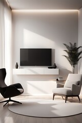  Mockup of a TV wall mounted with an armchair in the living room with a white wall design. 
