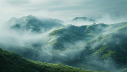 The inclusion of fog adds a mystical and serene quality to the rolling hills. This prompt can evoke a sense of calm and mystery, making it ideal for atmospheric and contemplative scenes