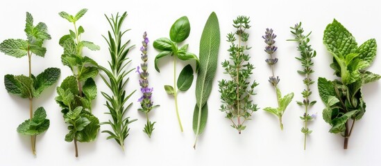 Obraz premium Arrangement of Rosemary, Mint, Lavender, Marjoram, Sage, Lemon Balm, and Thyme on a White Background: Fresh Herb Creative Display in Top-Down Perspective, Promoting Healthy Eating