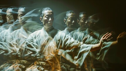 Eastern martial arts. Samurai training. Multiple exposure in motion