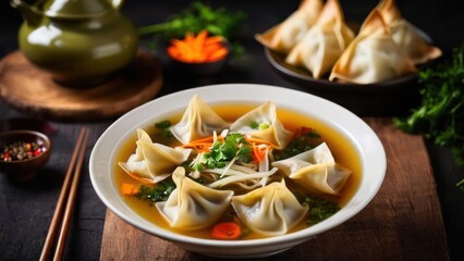 A Minimalist Feast, Herbed Dumpling Soup with Accompanying Tea and Sauces