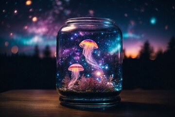 Glowing jellyfish in an aquarium