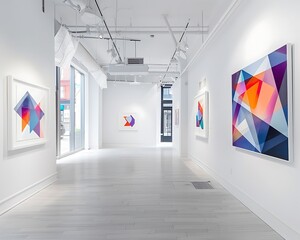 A bright and open art gallery with minimalist white walls, showcasing a collection of geometric abstract paintings that add a dynamic visual element to the space.