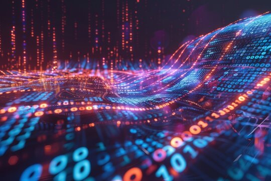 A concept art of a computer mining data with binary code and data streams flowing out