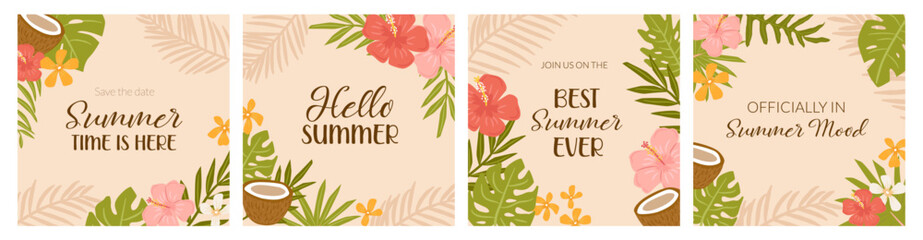 Set of tropical summer fun square vector illustration poster for background templates