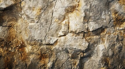 Fototapeta premium Rocky cliff face, rugged and textured, earthy tones, space for text on left, Photorealistic, High Detail