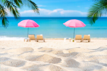 Tropical beautiful white sand beach with sun bed and blue sky background, Summer vacation concept and copy space