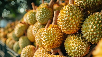 Fototapeta premium Desktop background in high resolution with a large number of tropical fruits. Durian