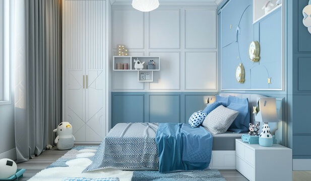 Girls' badroom with a modern and elegant feel, walls with a combination of white and pastel blue, white place and blue blanket