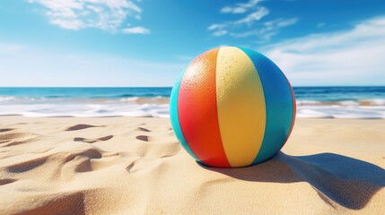 Obraz premium Beach ball on the sand, Playful, Photorealistic, Vibrant ball, open sandy space for text
