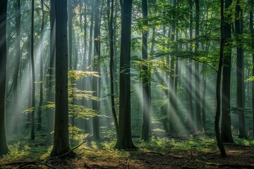 Light filtering through trees in a forest,