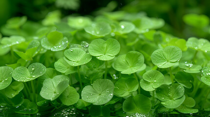 A bunch of green clover with dew drops on them. Concept of freshness and newness, as the dew on the leaves adds a sense of vitality and growth