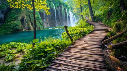 Beautiful wooden path trail for nature trekking with serene lakes and cascading waterfalls in plitvice lakes national park, unesco world heritage site, croatia - famous travel destination for nature l © Ashi