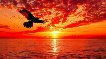 Bird soaring at sunset over ocean, beautiful sunrise silhouette, inspirational flight in divine light