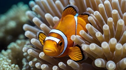 Clownfish nestled in the tentacles of a sea anemone.