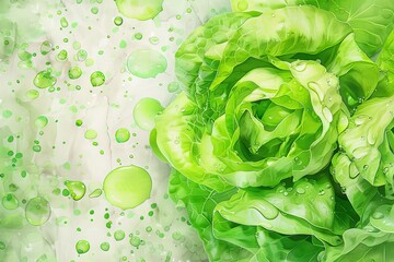 Obraz premium Overhead shot, crisp lettuce head, droplets of water, realistic watercolor effect,