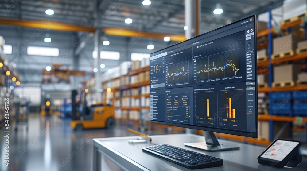 Poster advanced analytics software displayed on a computer screen in a warehouse, enhancing productivity an