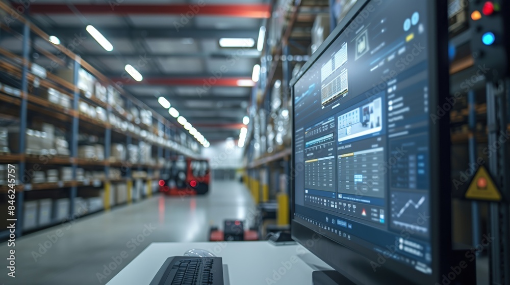 Poster warehouse operations monitoring via software. warehouse operations monitored by software displayed o