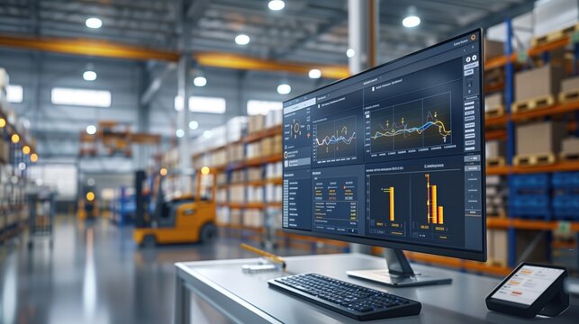 Advanced analytics software displayed on a computer screen in a warehouse, enhancing productivity and efficiency in logistics and inventory management.
