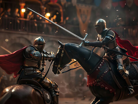 Design a side view of two powerful knights jousting on horseback in a medieval tournament, showcasing their clash with detailed CG 3D armor and dramatic lighting effects