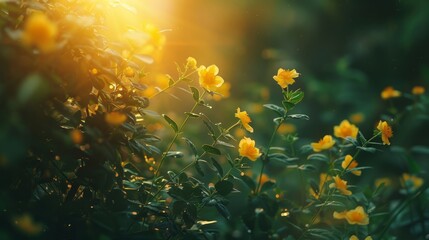 Close-up nature view of vibrant yellow flower in sunlight surrounded by lush green foliage, ideal for backgrounds or wallpapers