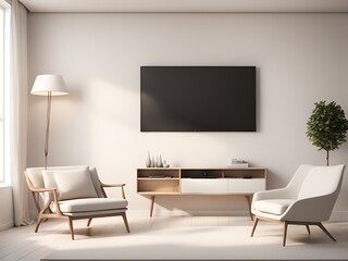  Mockup of a TV wall mounted with an armchair in the living room with a white wall design. 