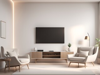  Mockup of a TV wall mounted with an armchair in the living room with a white wall design. 
