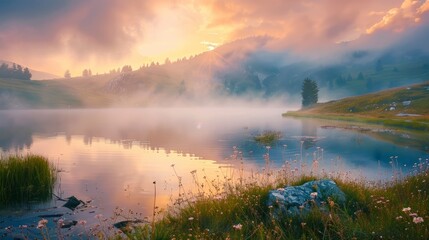 Dramatic morning scene at lacu rosu lake: misty summer sunrise in harghita county, romania – captivating nature landscape