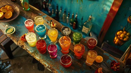 An aerial view of the bar with an array of vibrant rum cocktails ready to be served.