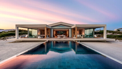 3D luxurious Modern apartment building or house exterior with lawn yard and swimming pool.
